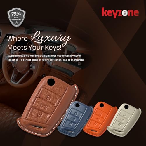 keyzone Royal Leather Car Key Cover For Virtus, Kylaq, Slavia, Kodiaq, Kushaq, Taigun, Tiguan, Octavia, Jetta, Superb, Karoq, T-ROC Flip Key (Vanilla Satin), Beige - Image 3