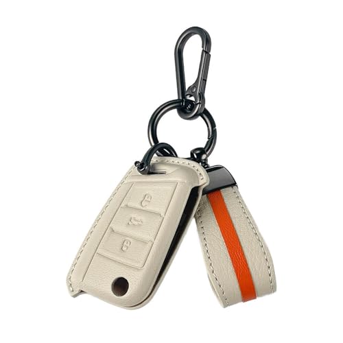 keyzone Royal Leather Car Key Cover For Virtus, Kylaq, Slavia, Kodiaq, Kushaq, Taigun, Tiguan, Octavia, Jetta, Superb, Karoq, T-ROC Flip Key (Vanilla Satin), Beige - Image 1