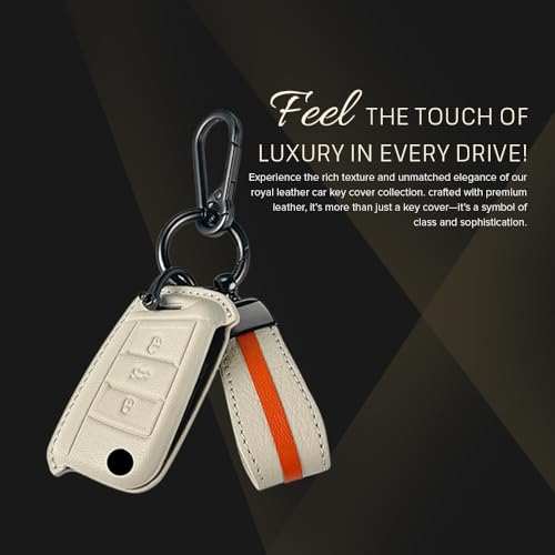 keyzone Royal Leather Car Key Cover For Virtus, Kylaq, Slavia, Kodiaq, Kushaq, Taigun, Tiguan, Octavia, Jetta, Superb, Karoq, T-ROC Flip Key (Vanilla Satin), Beige - Image 4