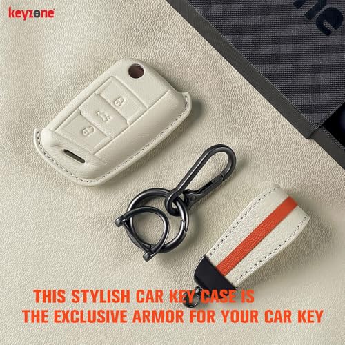 keyzone Royal Leather Car Key Cover For Virtus, Kylaq, Slavia, Kodiaq, Kushaq, Taigun, Tiguan, Octavia, Jetta, Superb, Karoq, T-ROC Flip Key (Vanilla Satin), Beige - Image 2