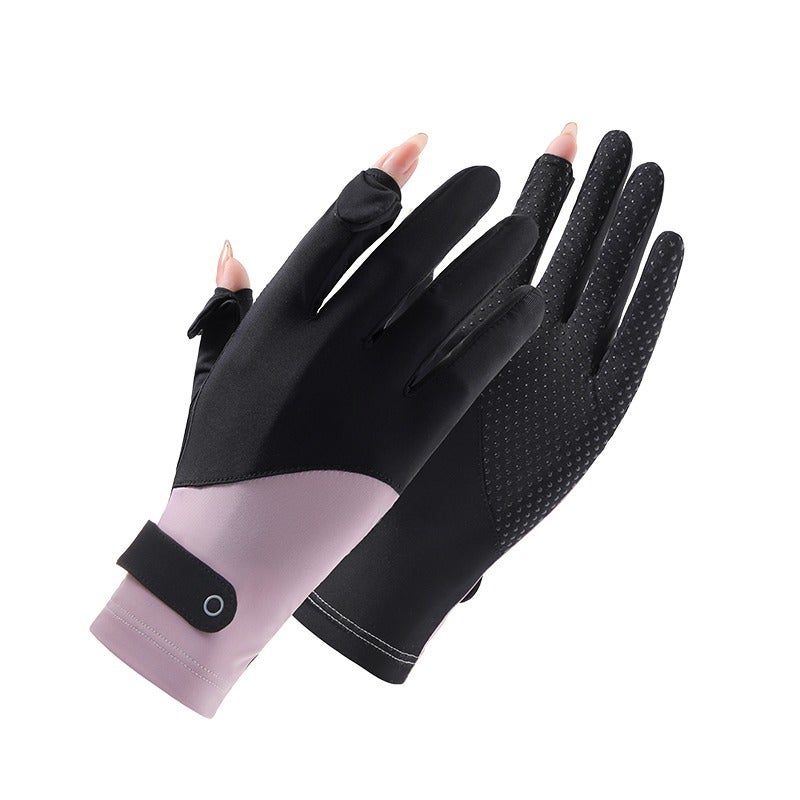 Breathable Sun Protection Gloves Unisex Spring Summer Touchscreen Black Purple Ice Silk strap 