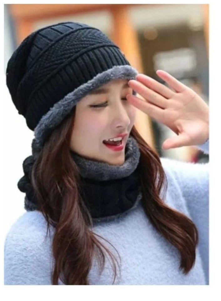 طقم وشاح شتوي مكون من قطعتين قبعة دافئة متماسكة - Image 2