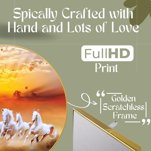 Nozvera Seven Horses Vastu Painting, Big Large Size 7 horse Vastu Frame | Golden Framed | Sparkle Laminated | 7 Horse Wall Painting for Living Room, Bedroom, Office (Design 03, 40 cm * 40 cm) - Image 4