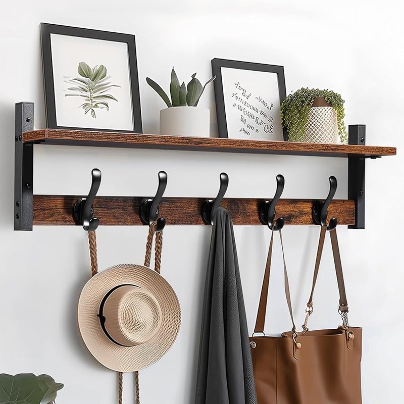 Tatub 29 Coat Rack Wall Mount with Shelf, Entryway Floating Shelf With 5 Metal Hooks, Coat Hangers for Living Room, Bedroom, Rustic Brown Black - Image 1
