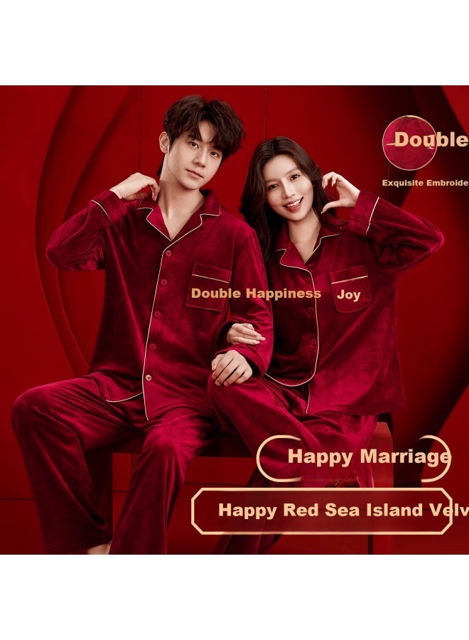 LANG SHA Langsha Embroidered Wedding Pajamas Women's Couple Island Fleece Thickened Red Long Sleeve Homewear Men's Set - Image 3