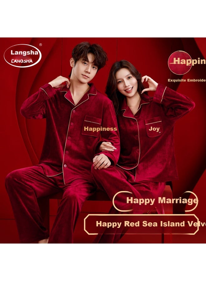 LANG SHA Langsha Embroidered Wedding Pajamas Women's Couple Island Fleece Thickened Red Long Sleeve Homewear Men's Set - Image 1