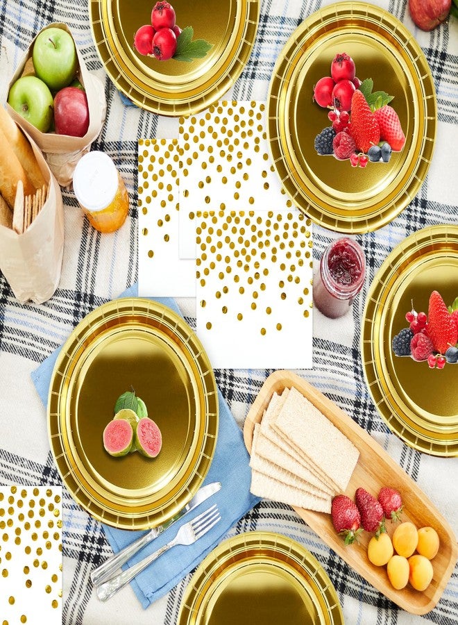 HiEnjoin ٥٠ قطعة من أطباق ومناديل ورقية ذهبية - ٢٥ طبق حلوى للاستخدام مرة واحدة مقاس ٧ بوصات و٢٥ منديلًا، أطباق كيك ذهبية معدنية لحفلات أعياد الميلاد، وحفلات الزفاف، وحفلات استقبال المولود، وحفلات التخرج، وحفلات عيد الاستقلال. - Image 4