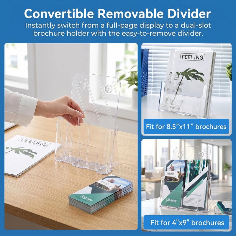Argvey Acrylic Brochure Holder 8.5 x 11 inches, 2 Pack Clear Literature Holder with Removable Divider for Trifold 4 Inches Wide Pamphlet, Plastic Flyer Display Stand for Magazine, Document, Booklet - Image 4