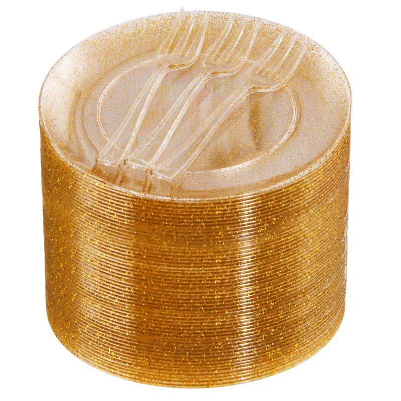 Festiva 200Pcs Gold Glitter Dessert Plates 63 with Forks 5Small Plastic DessertCakeAppetizer Plates Disposable for 100 Guests Easter Party Wedding BirthdayNew Year
