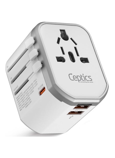 Ceptics 4 in 1 Universal Travel Adapter with Type C Universal Plug Socket USB QC 3020W USBC International Travel Adapter with Lifetime Limited Warranty Worldwide Travel Adapter White