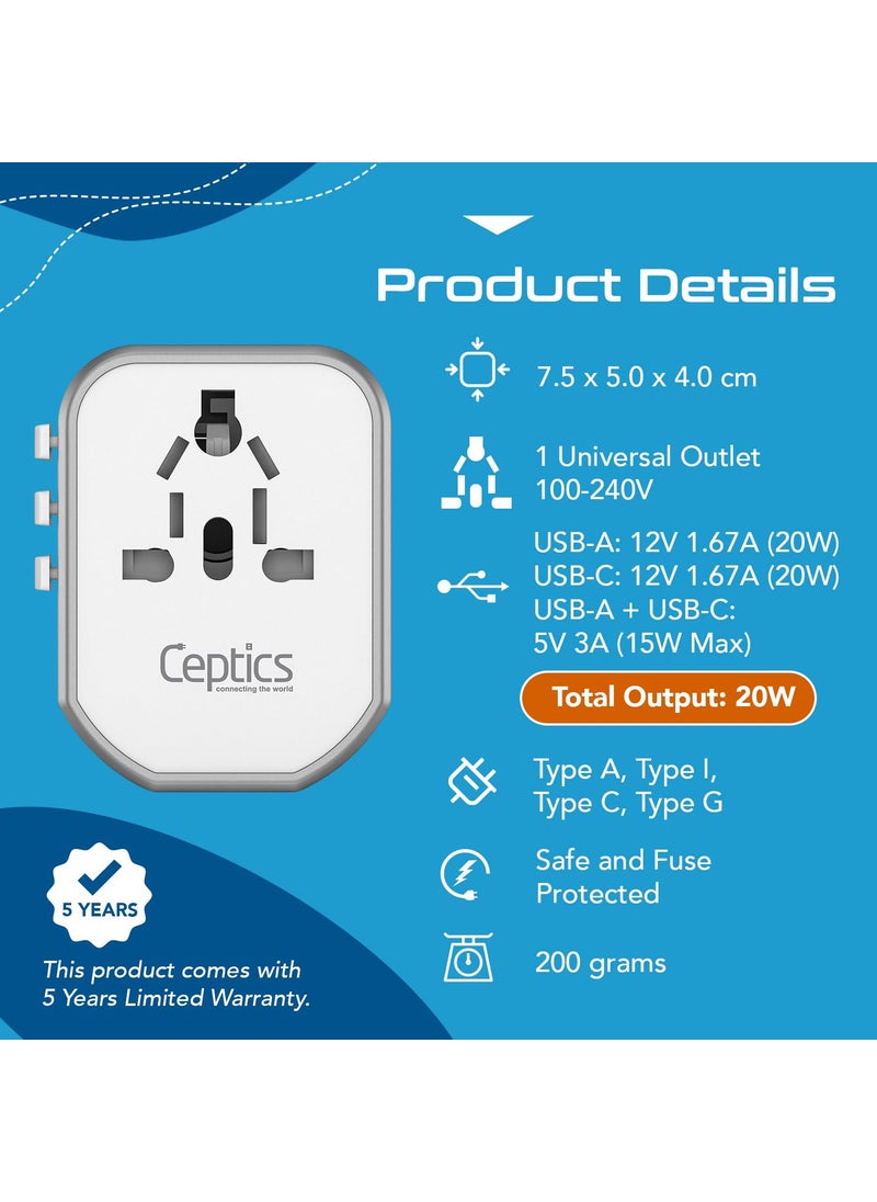 Ceptics 4 in 1 Universal Travel Adapter with Type C Universal Plug Socket USB QC 3020W USBC International Travel Adapter with Lifetime Limited Warranty Worldwide Travel Adapter White