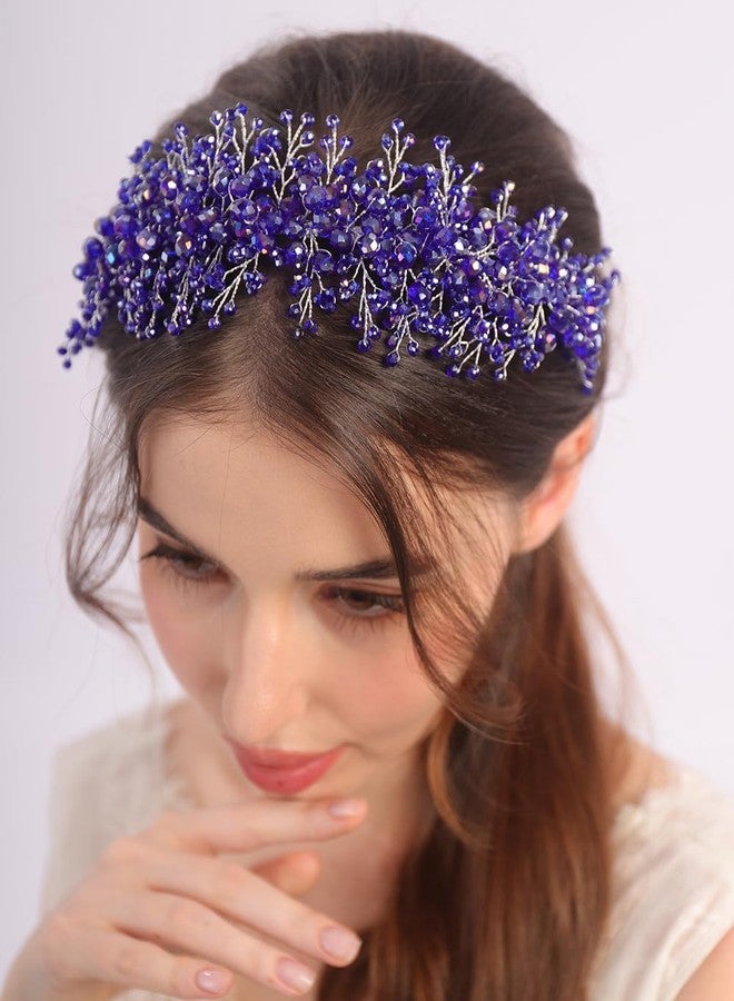 Rumtock Blue Rhinestones Beads Hair Crown for Wedding Brides Women Tiara Jewelry Handmade Sparkle Hair Piece (Blue) - Image 2