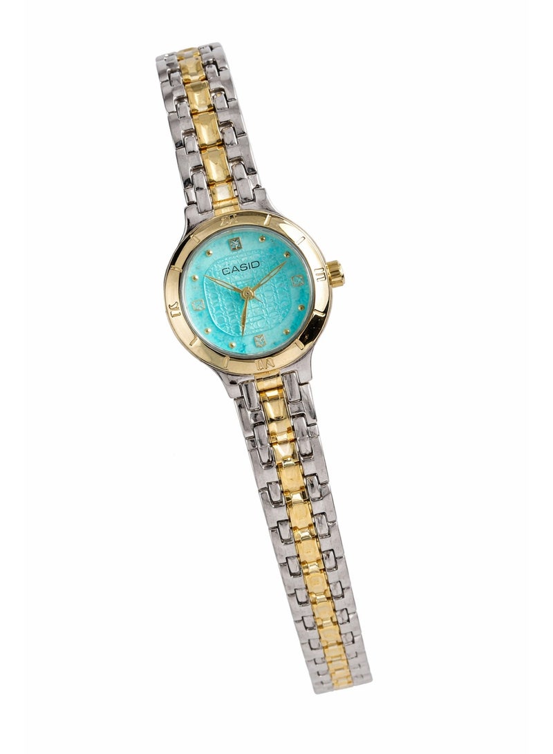 ساعة يد نسائية كاسيو بعقارب وسوار ستانلس ستيل ثنائي اللون – مينا تركواز