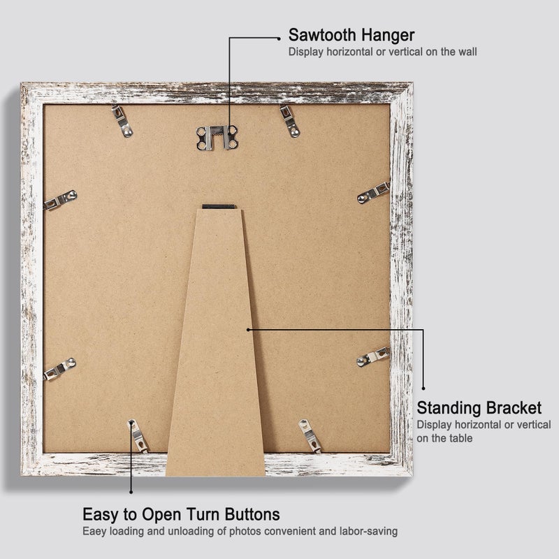 Hongkee 12x12 Picture Frame Set of 4 - Made of Glass and Distressed White Wooden Frame, Display Square Pictures 10x10 with Mat or 12 x 12 without Mat, Desktop & Wall Collage Photo Frame - Image 3