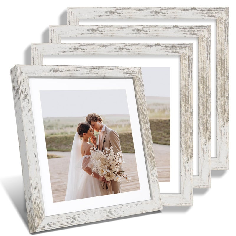 Hongkee 12x12 Picture Frame Set of 4 - Made of Glass and Distressed White Wooden Frame, Display Square Pictures 10x10 with Mat or 12 x 12 without Mat, Desktop & Wall Collage Photo Frame - Image 1