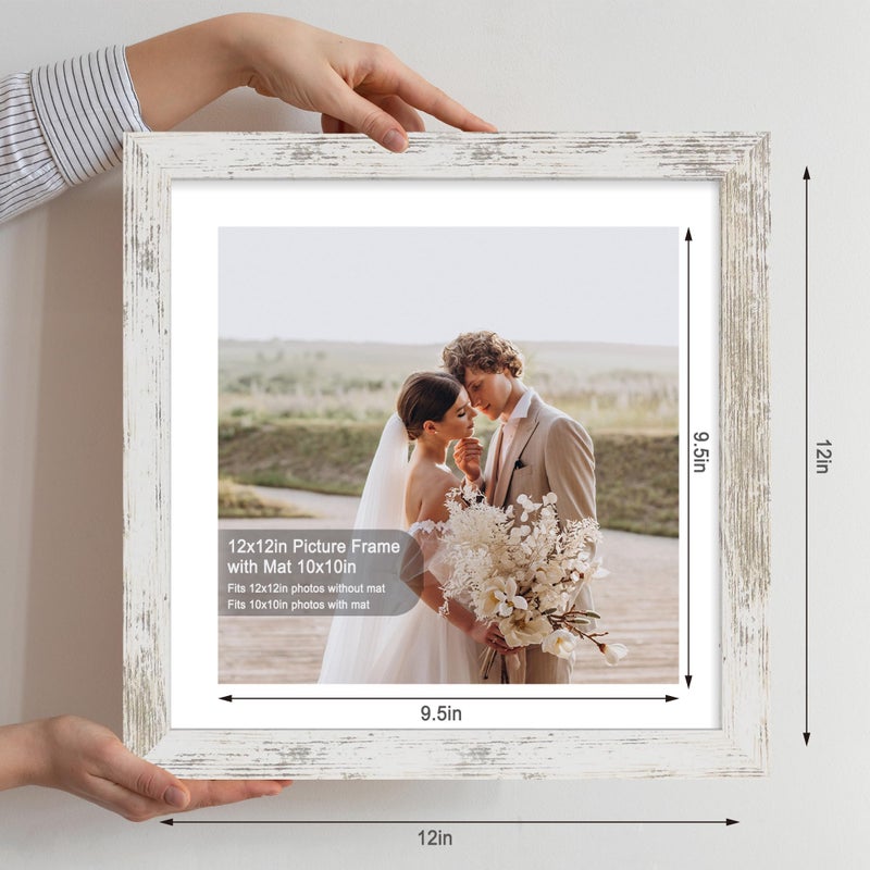 Hongkee 12x12 Picture Frame Set of 4 - Made of Glass and Distressed White Wooden Frame, Display Square Pictures 10x10 with Mat or 12 x 12 without Mat, Desktop & Wall Collage Photo Frame - Image 2