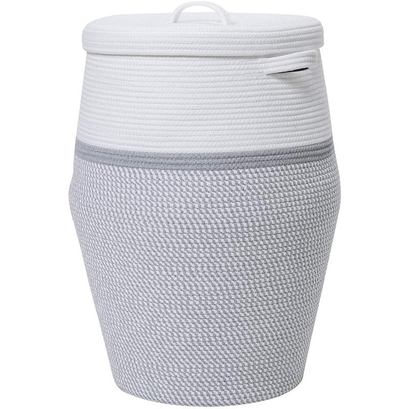 Cottonphant 26" x 20" Handcrafted Tall Cotton Rope Basket with Lid, Stylish Flagon Shape with Cover, Clothes Hamper with Top, for Bedroom and Living Room, White/Grey Mix - Image 1