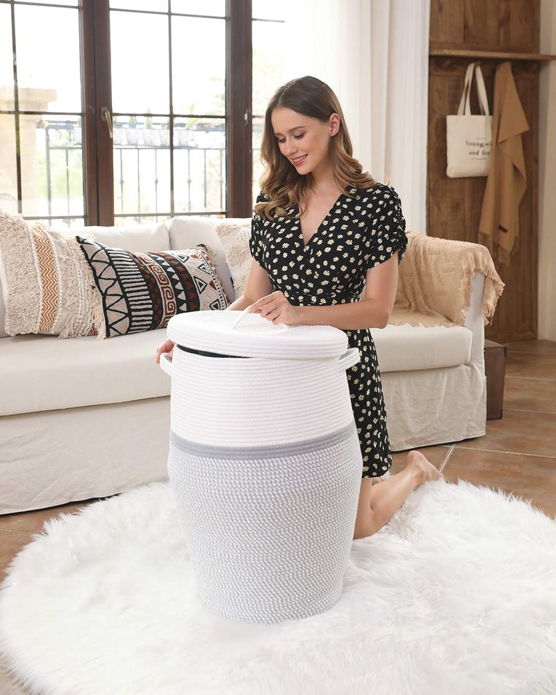 Cottonphant 26" x 20" Handcrafted Tall Cotton Rope Basket with Lid, Stylish Flagon Shape with Cover, Clothes Hamper with Top, for Bedroom and Living Room, White/Grey Mix - Image 5