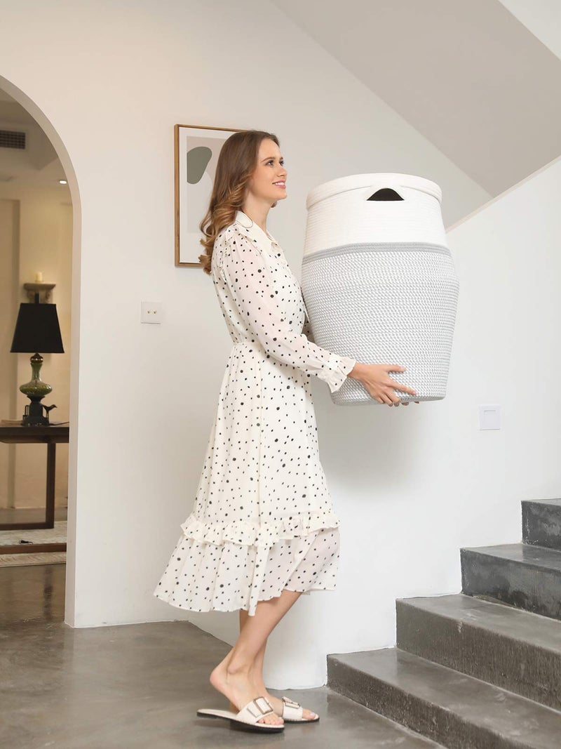 Cottonphant 26" x 20" Handcrafted Tall Cotton Rope Basket with Lid, Stylish Flagon Shape with Cover, Clothes Hamper with Top, for Bedroom and Living Room, White/Grey Mix - Image 3
