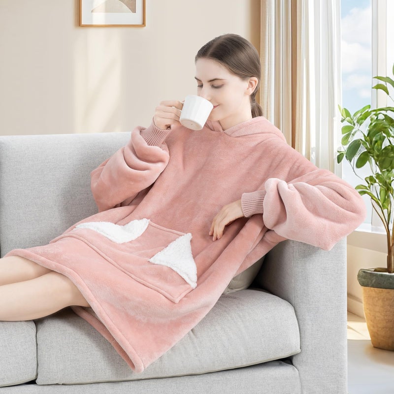 Touchat Wearable Blanket Hoodie, Oversized Sherpa Blanket Sweatshirt with Hood Pocket and Sleeves, Super Soft Warm Plush Hooded Blanket for Adult Women Men, One Size Fits All (Pink) - Image 3