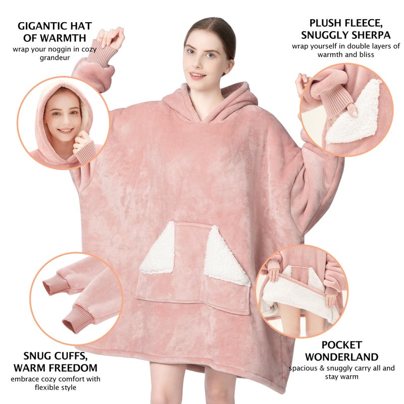Touchat Wearable Blanket Hoodie, Oversized Sherpa Blanket Sweatshirt with Hood Pocket and Sleeves, Super Soft Warm Plush Hooded Blanket for Adult Women Men, One Size Fits All (Pink) - Image 2