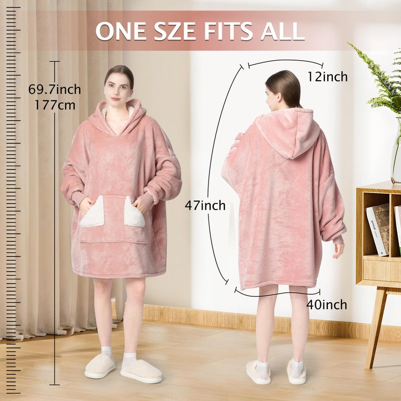 Touchat Wearable Blanket Hoodie, Oversized Sherpa Blanket Sweatshirt with Hood Pocket and Sleeves, Super Soft Warm Plush Hooded Blanket for Adult Women Men, One Size Fits All (Pink) - Image 4