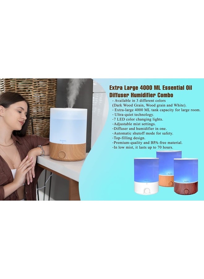BlueHills - Premium 4000 ml XL Essential Oil Diffuser 4L 4 Liter 70 Hour Run Humidifier Aromatherapy 1 Gallon Big Capacity High Mist Output for Large Room Home Mood Lights WhiteE401 - Image 1