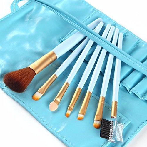 NESA 7 Pcs Make Brush Kit with Sleek Pouch + Makeup Sponge (Blue) - Image 2