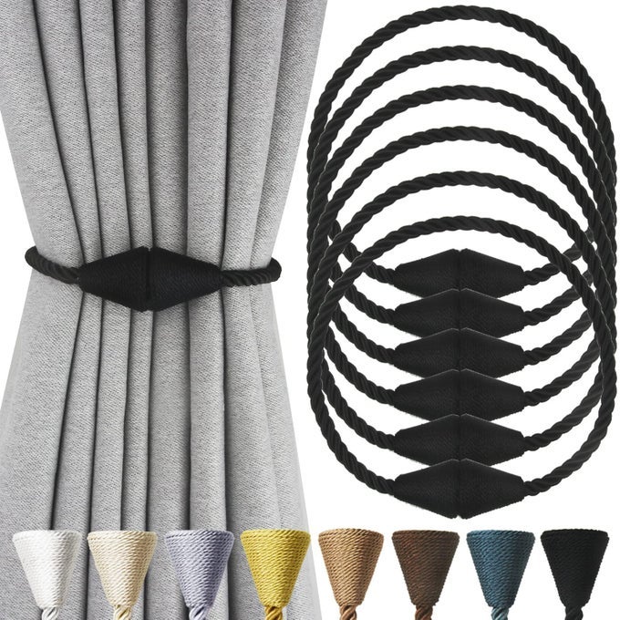 6 PACK MAGNETIC CURTAIN TIEBACKS ROPE MODERN HANDMADE CURTAIN TIE BACKS DECORATIVE DRAPES WEAVE HOLDBACKS FOR WINDOW DCOR BLACK