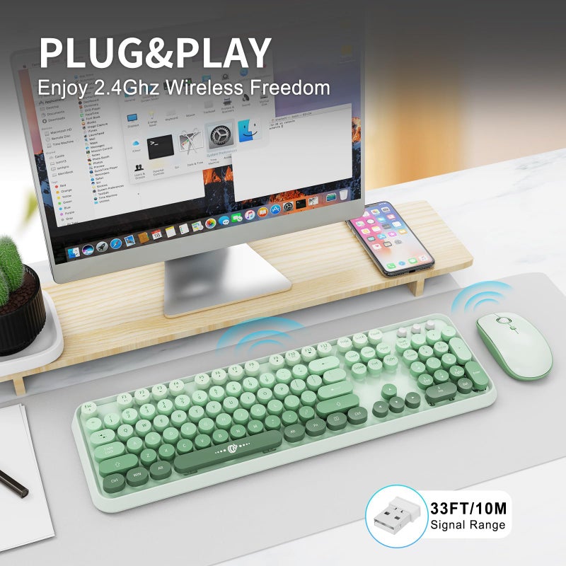 Letton Mint Green Wireless Keyboard and Mouse Combo, Retro Typewriter Style Keyboard with Round Keycaps, 2.4GHz Full Size Cute Aesthetic Bubble Creamy Keyboard for Long Nails, Mouse with 3 DPI for PC Laptop - Image 2