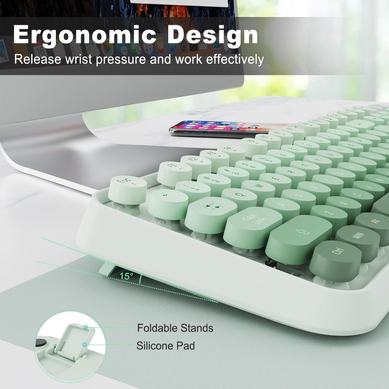 Letton Mint Green Wireless Keyboard and Mouse Combo, Retro Typewriter Style Keyboard with Round Keycaps, 2.4GHz Full Size Cute Aesthetic Bubble Creamy Keyboard for Long Nails, Mouse with 3 DPI for PC Laptop - Image 3