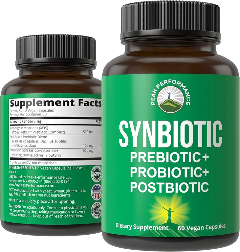 Peak Performance Synbiotic  Prebiotic  Probiotic  Postbiotic 3in1 Supplement with Clinically Tested Ingredients Pre and Probiotics Plus Important Tributyrin Postbiotics for Gut Vegan Capsules for Women  Men - Image 1