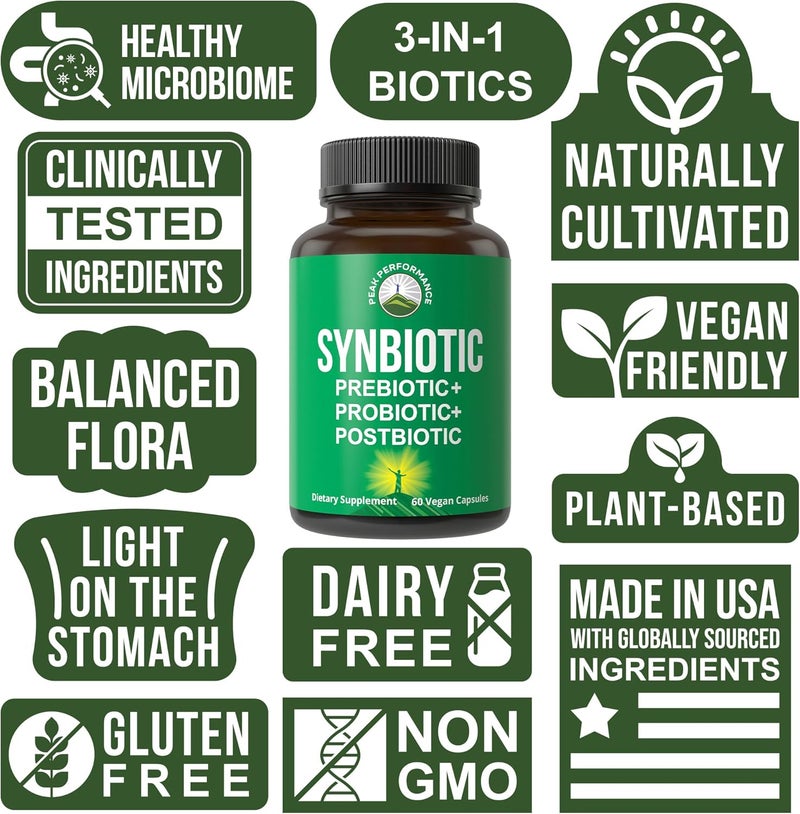 Peak Performance Synbiotic  Prebiotic  Probiotic  Postbiotic 3in1 Supplement with Clinically Tested Ingredients Pre and Probiotics Plus Important Tributyrin Postbiotics for Gut Vegan Capsules for Women  Men - Image 3