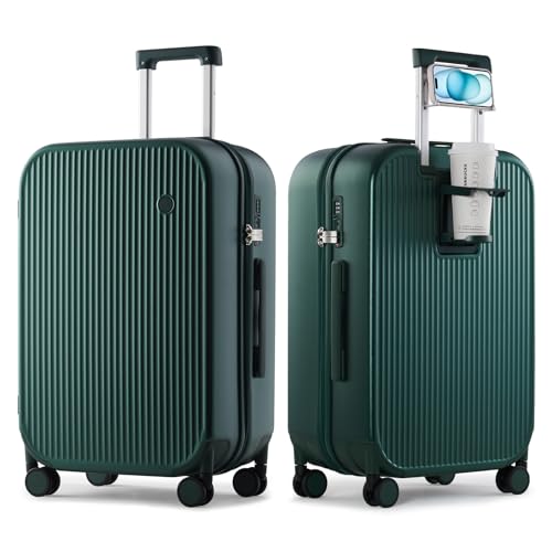 mixi Checked Luggage with Cup Phone Holder Hard Shell Rolling Travel Suitcases with Spinner Wheels,24 Inch Blackish Green - Image 1
