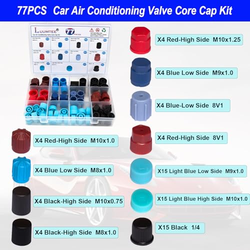 Luumtee 4 Set Car A/C Repair Kits,270pcs O-Ring Seals Kit+102PCS A/C Valve Core Kit+77pcs Charging Port Dust Caps+45pcs Compressor Gasket Seals(494PCS) - Image 3