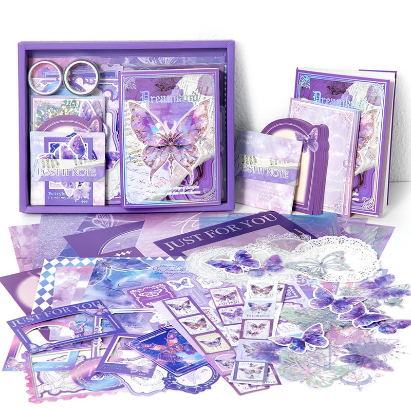 SVULINT Paper Vintage Big Size Aesthetic Scrapbook Kit, Scrapbooking Supplies Kit with Bullet Junk Journal,Stationery,A6 Grid Notebook Journaling Gift Set (Purple Butterfly) - Image 1