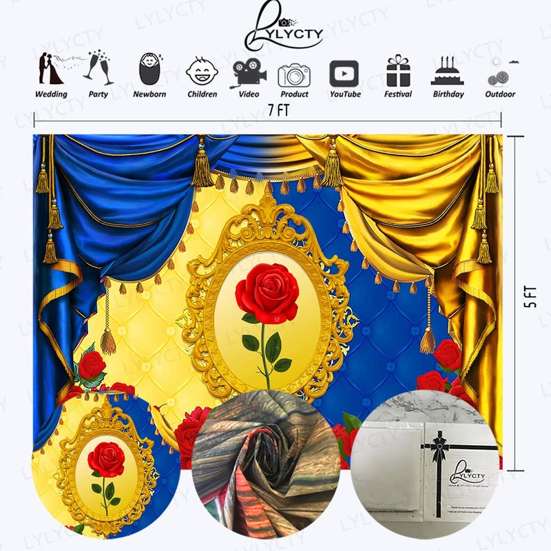 LYLYCTY 7x5ft Red Rose Backdrop, Blue Yellow Girl Fairytale Princess Birthday Party Background for Photography, Cake Table Decoration Photo Booth Studio Prop Banner BJLSLY714 - Image 2