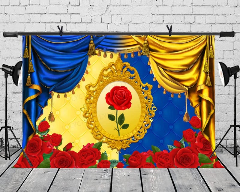 LYLYCTY 7x5ft Red Rose Backdrop, Blue Yellow Girl Fairytale Princess Birthday Party Background for Photography, Cake Table Decoration Photo Booth Studio Prop Banner BJLSLY714 - Image 4