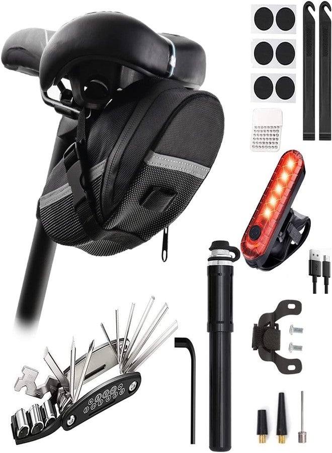 AaiLucky Bike Repair Tool Kit with Mini Bicycle Pump, Bicycle Saddle Bag with Tail Light, 16-in-1 Bike Multitool, Bicycle Tire Repair Kit for Road Mtb E-Bikes, Large Capacity Bike Set Pack Bag - Image 1