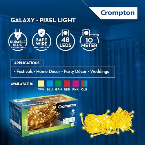 Crompton Galaxy Pixel Light | Festive Ladi Lights | 10 Meter | 48 LEDs | Warm White | Pack of 4 | Direct 2-pin Plug | BIS Safe Wire | for Home Decoration, Diwali, Festival, Birthday, Marriage - Image 3