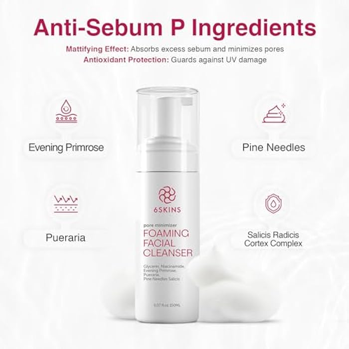 6SKINS® Pore Minimizer Foaming Facial Cleanser – Exfoliating Face Wash with Anti-Sebum P, Niacinamide & Evening Primrose | Gentle Hydrating Korean Face Wash for All Skin Types | 5.07 fl oz - Image 2