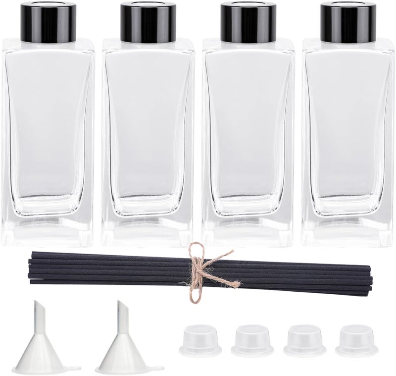 Agidea 4PCS Empty Glass Fragrance Reed Diffuser Bottles, Refillable Diffuser Bottles with 20pcs Reeds Sticks & Black Caps & Funnel, Diffuser Jars for Home Oil Fragrance Decoration (200ML) - Image 1