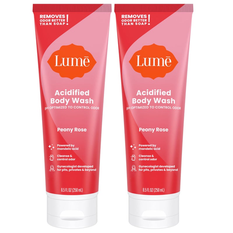 Lume Acidified Body Wash 24 Hour Odor Control Removes Odor Better than Soap Moisturizing Formula Formulated Without SLS or Parabens OBGYN Developed 85 ounce Pack of 2 Peony Rose