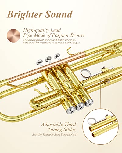Eastar ETR-390 Standard B Flat Trumpet for Beginners Intermediate, Advanced Upgraded Trumpet Instrument with Hard Case, Cleaning Kit, 7C Mouthpiece, Gloves, Golden - Image 4