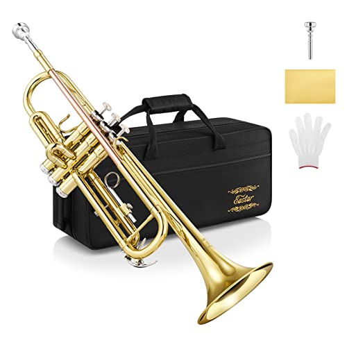 Eastar ETR-390 Standard B Flat Trumpet for Beginners Intermediate, Advanced Upgraded Trumpet Instrument with Hard Case, Cleaning Kit, 7C Mouthpiece, Gloves, Golden - Image 1