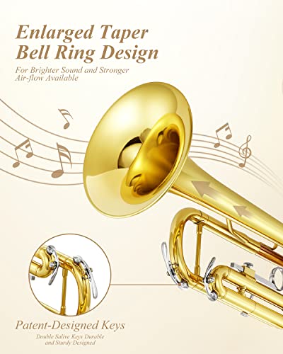 Eastar ETR-390 Standard B Flat Trumpet for Beginners Intermediate, Advanced Upgraded Trumpet Instrument with Hard Case, Cleaning Kit, 7C Mouthpiece, Gloves, Golden - Image 2