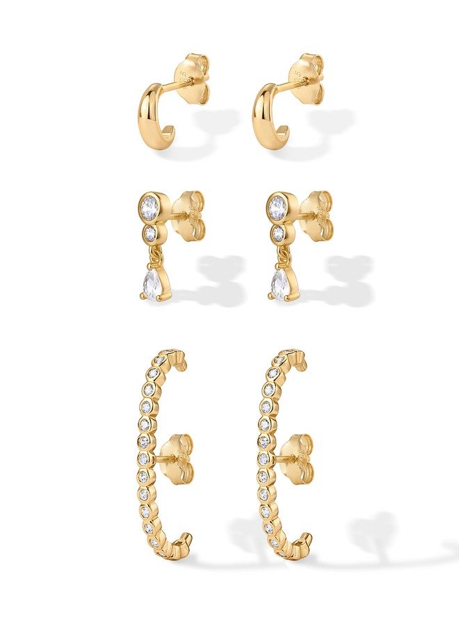 بافوا مجموعة أقراط PAVOI متعددة القطع من الفضة الإسترليني عيار 925 مطلية بالذهب الأصفر عيار 14 قيراطًا، بتصميم بسيط وأنيق، مناسبة للنساء - طقم من ثلاث أقراط متدلية بتصميم بسيط وأنيق. - Image 3