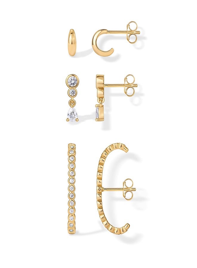 بافوا مجموعة أقراط PAVOI متعددة القطع من الفضة الإسترليني عيار 925 مطلية بالذهب الأصفر عيار 14 قيراطًا، بتصميم بسيط وأنيق، مناسبة للنساء - طقم من ثلاث أقراط متدلية بتصميم بسيط وأنيق. - Image 1