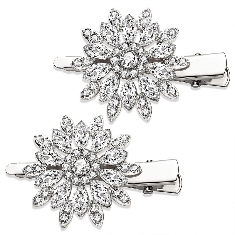 Crystal Hair Clips Large Sparkle Rhinestone Flower Design Alligator Metal Clip NonSlip Floral Duckbill Hairpins Bling French Fancy Hair Barrettes for women Girls Hair Jewelry Accessories