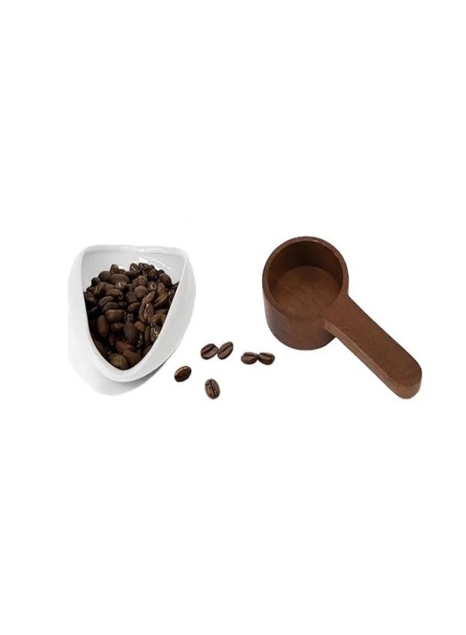 HSHQING Espresso Station Essential Set White Coffee Bean Dosing Cup n Walnut Coffee Wooden Spoon, Ceramic Dosing Vessel with Measuring Tablespoon Great Addition for Ground Beans, Protein Powder, Coffee n Tea - Image 1